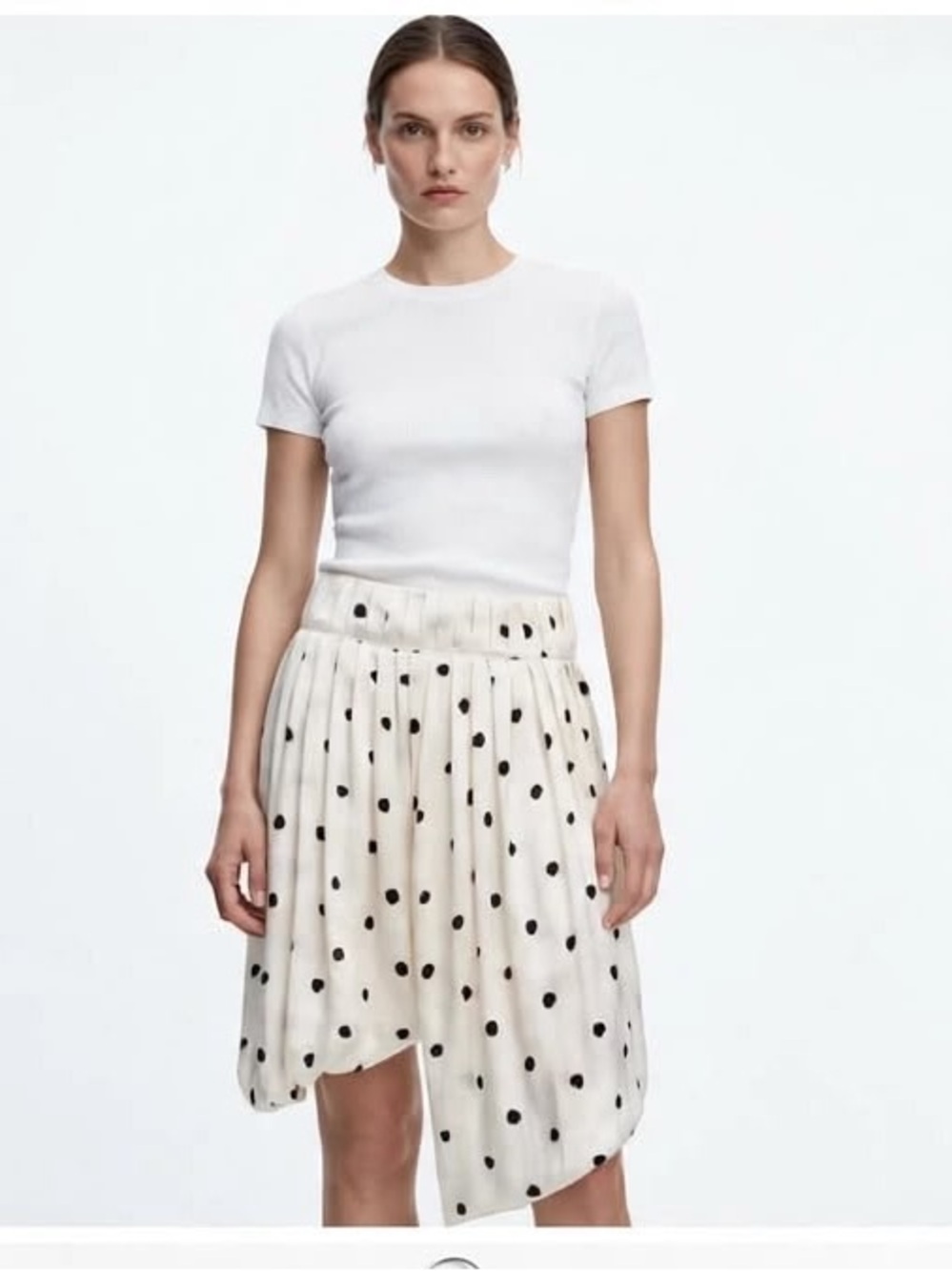Zara Ivory Asymmetrical Polka Dot Pleated Skirt